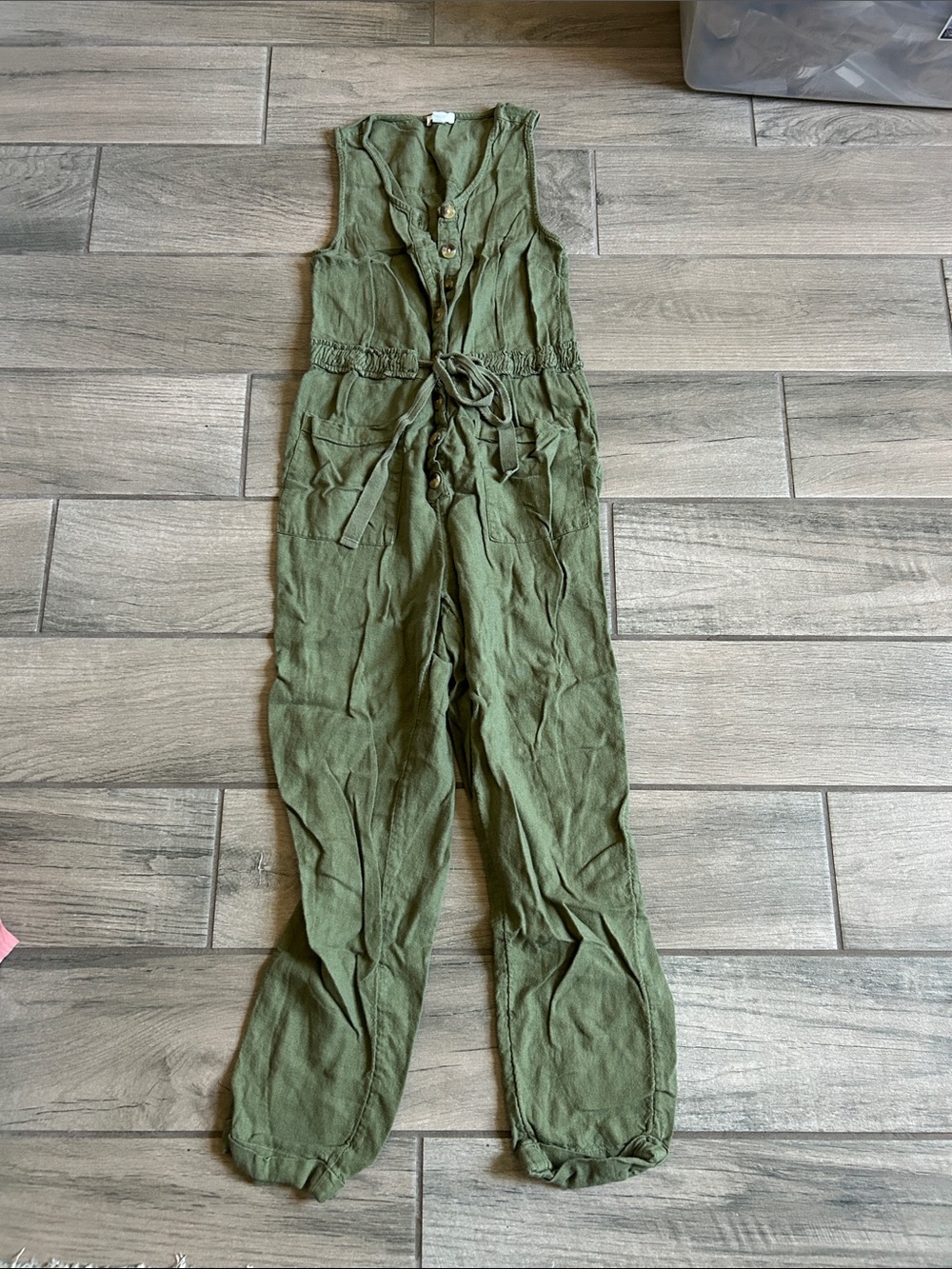 dip Olive Green Sleeveless Linen Jumpsuit